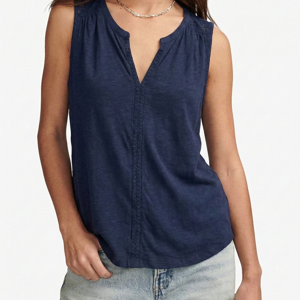 Lucky Brand Navy Blue Split Neck Sleeveless Top Embroidered Ladder Trim Tank XS